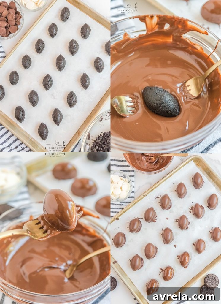 Dipping football-shaped Oreo Truffles into melted chocolate, a key step for creating Super Bowl-ready treats.