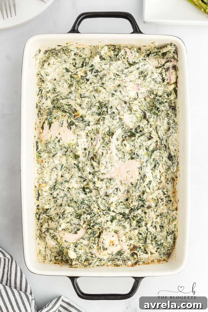 Creamy Spinach Chicken Bake 6 Baked Spinach Dip Chicken Casserole close up