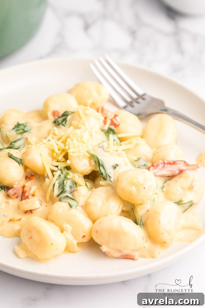 Creamy Tuscan Gnocchi - Soft gnocchi cooked in a cream sauce with sun-dried tomatoes, spinach, and garlic. Done in just 20 minutes!