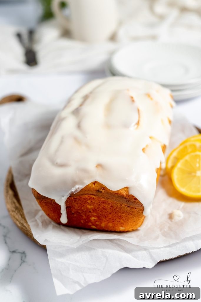 Lemon loaf with a creamy lemon glaze on top.