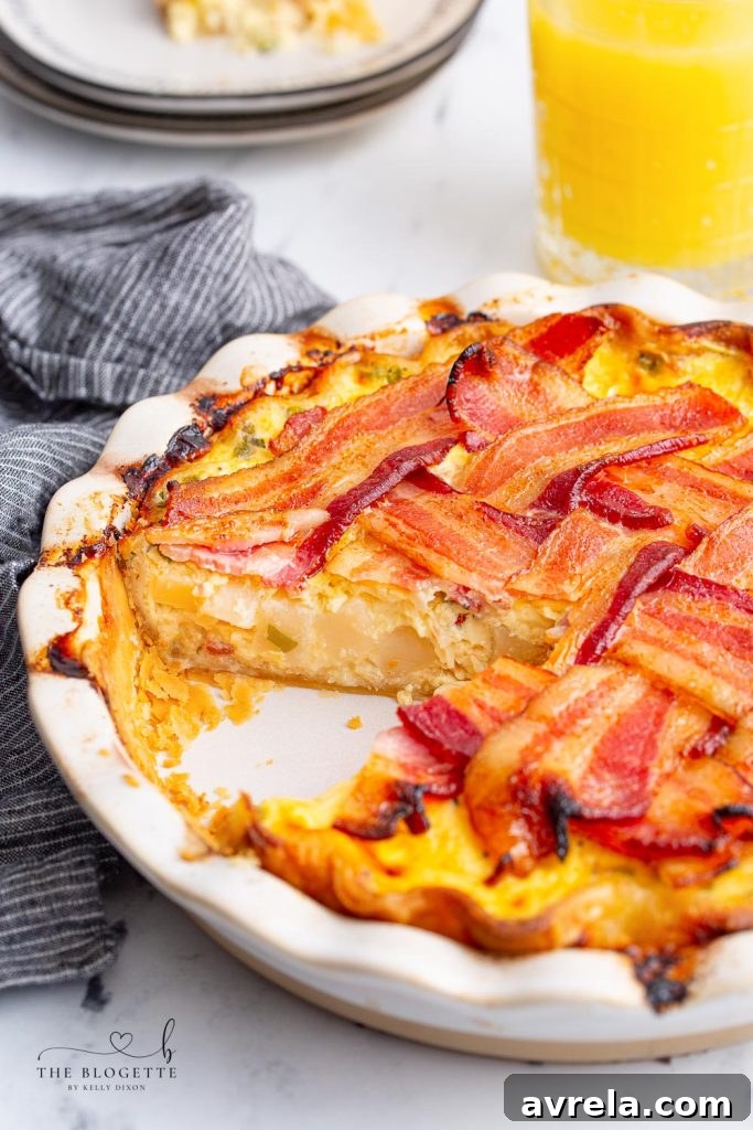 Maple Glazed Bacon Breakfast Bake 2 Delicious Maple Bacon Breakfast Pie with eggs, bacon, cheese, and potatoes baked in a pie crust, topped with a bacon lattice.
