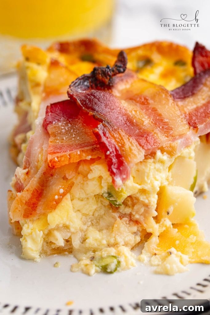 Maple Glazed Bacon Breakfast Bake 4 Overhead view of a baked Maple Bacon Breakfast Pie, showcasing the intricate bacon lattice topping.