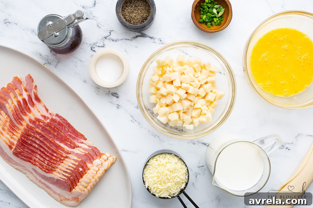 Maple Glazed Bacon Breakfast Bake 5 A selection of raw ingredients for Maple Bacon Breakfast Pie, including eggs, bacon, cheese, potatoes, and green onions.