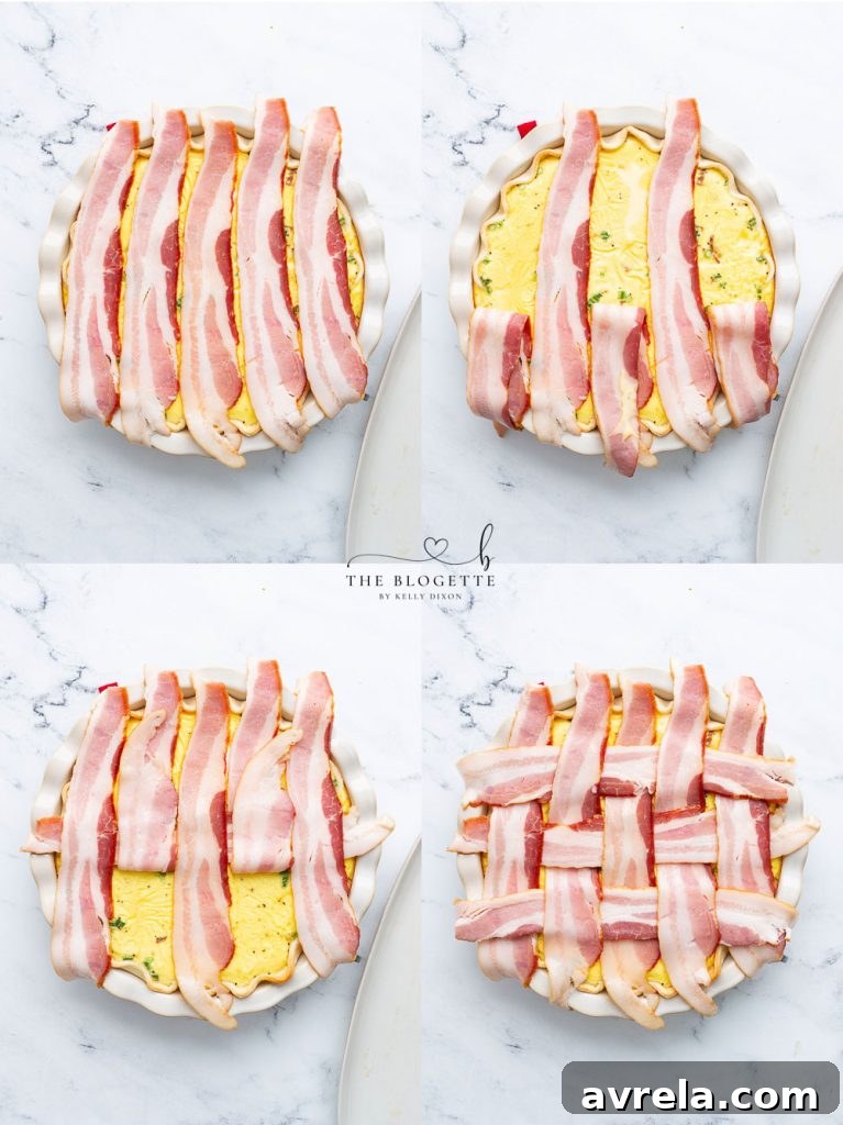 Maple Glazed Bacon Breakfast Bake 9 Step-by-step guide on how to weave a bacon lattice on top of a pie.