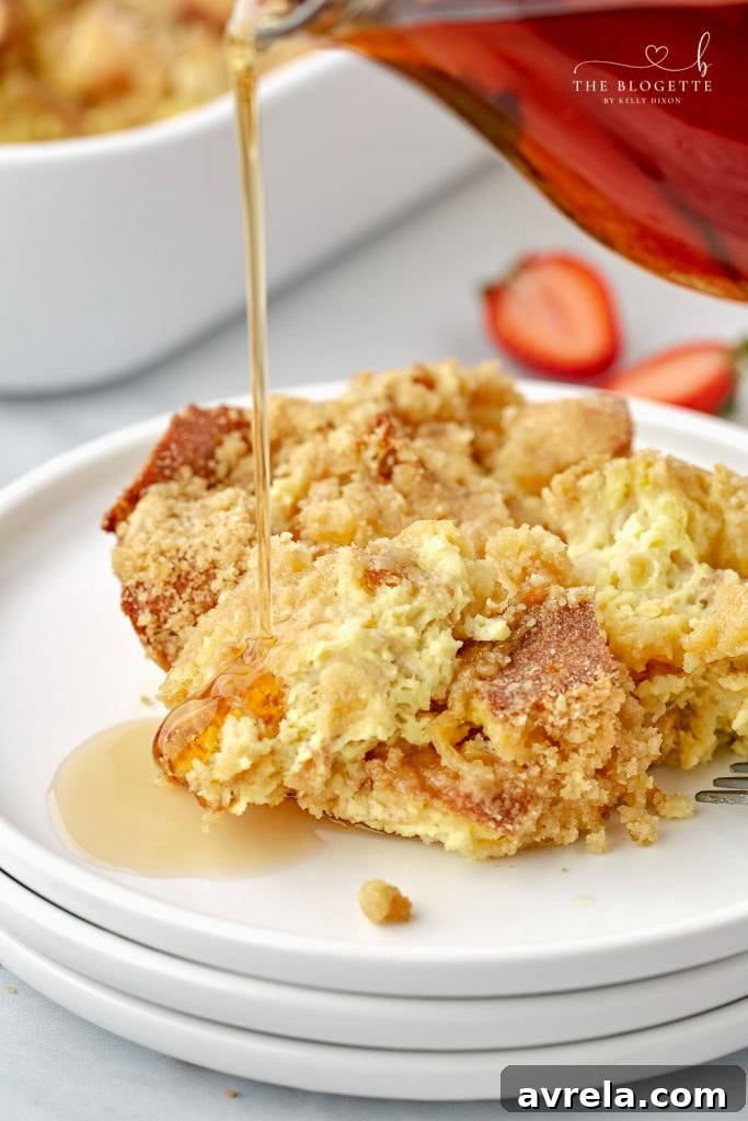 Morning Glory French Toast Bake 2 Golden brown Overnight French Toast Casserole, perfectly baked and ready to serve, surrounded by a cozy breakfast setting.