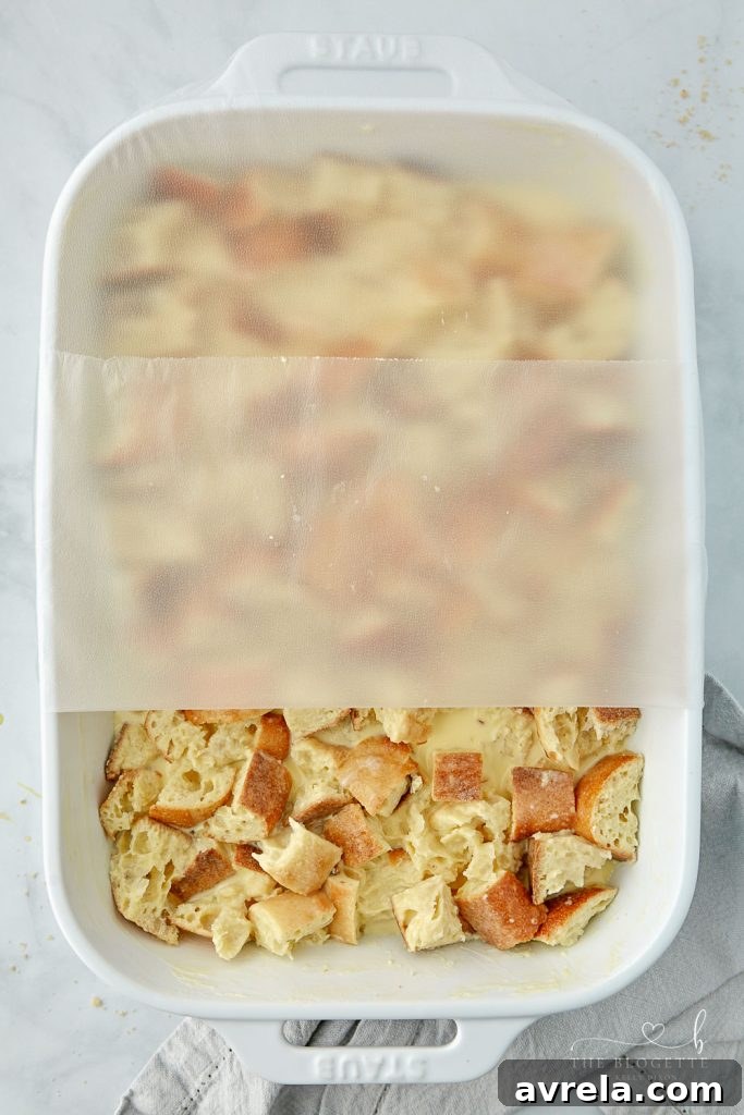 Morning Glory French Toast Bake 8 The baking dish covered with plastic wrap, ready for an overnight soak in the refrigerator.