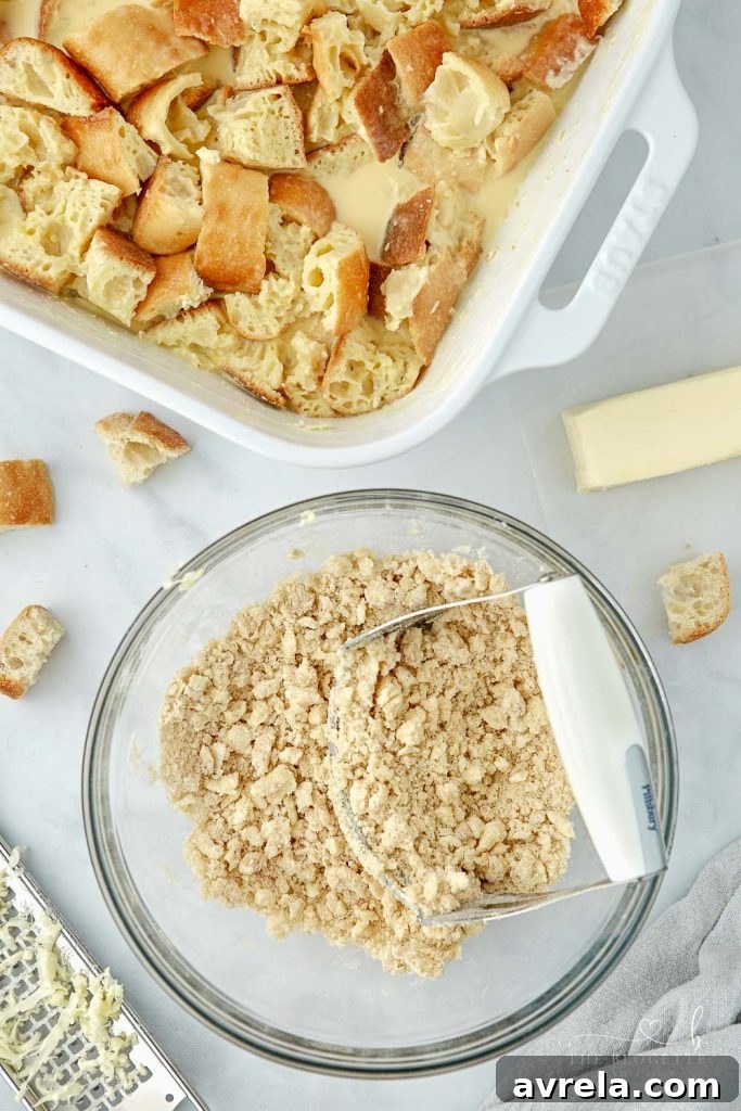Morning Glory French Toast Bake 9 Ingredients for the crumb topping: brown sugar, flour, salt, and grated butter.
