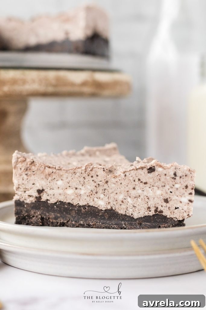 Oreo Dream Cheesecake 2 A beautifully presented slice of No Bake Oreo Cheesecake with an Oreo cookie pie crust, creamy filling, and crushed Oreos on top, indicating an easy summer dessert that's creamy, flavorful, and delicious.
