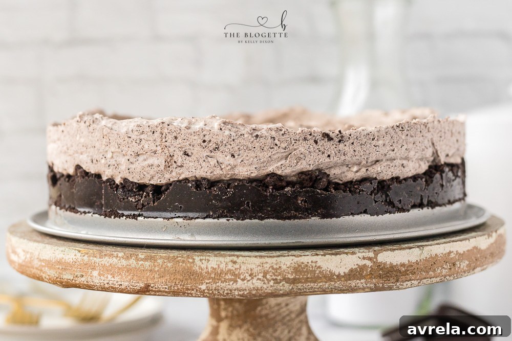 Oreo Dream Cheesecake 3 A close-up shot of a whole No Bake Oreo Cheesecake, showcasing its smooth, creamy texture and dark Oreo crust.