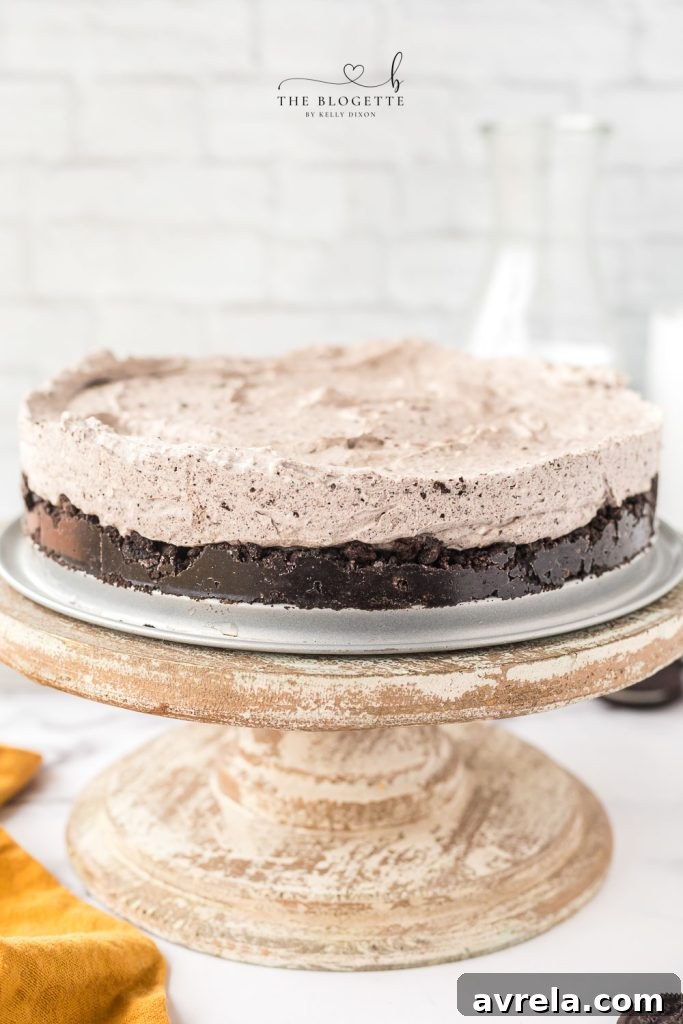Oreo Dream Cheesecake 8 A close-up of a sliced No Bake Oreo Cheesecake, showing the distinct layers of crust and creamy filling, garnished with extra Oreos.