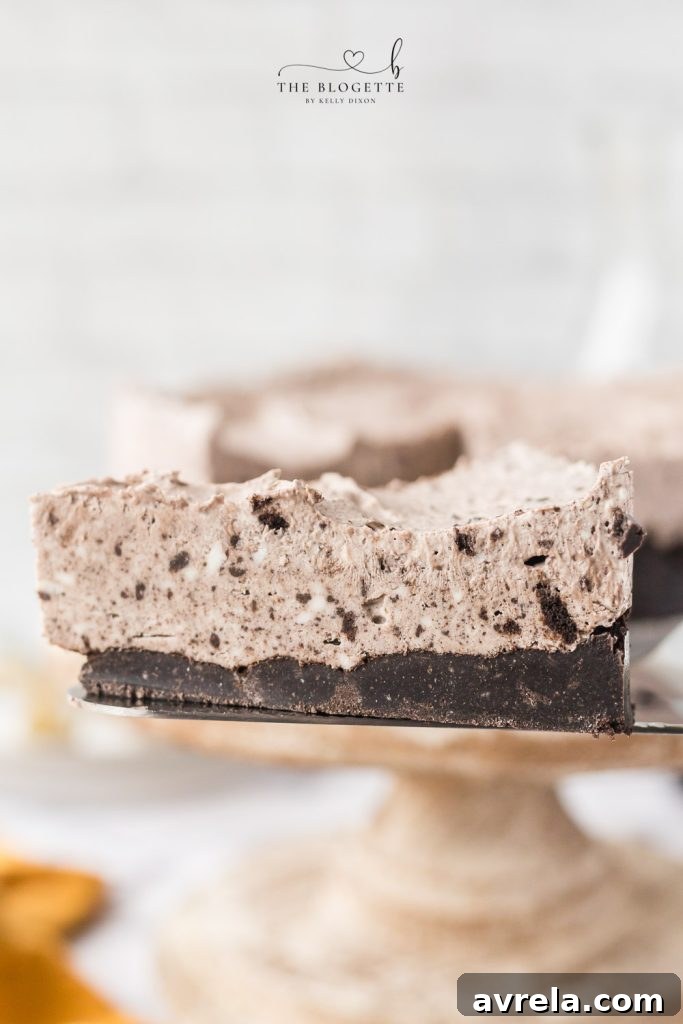 Oreo Dream Cheesecake 9 A perfectly sliced No Bake Oreo Cheesecake with a clean cut, indicating ideal texture and a sharp knife was used.