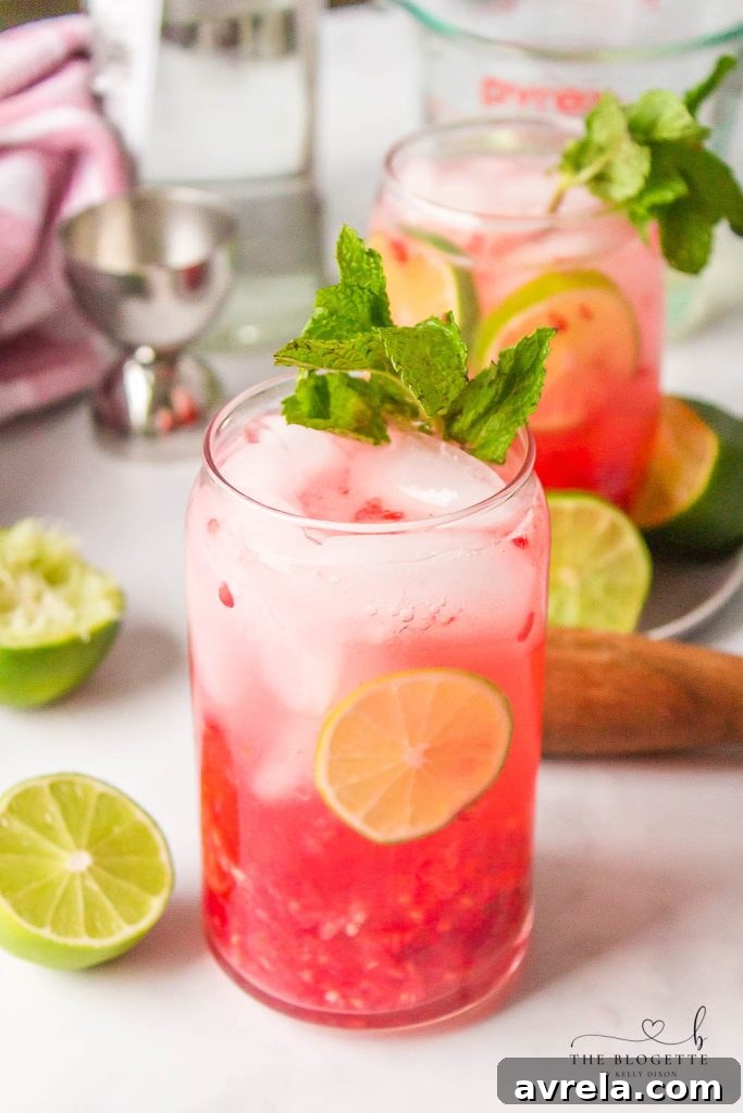 A perfectly prepared Raspberry Mojito, garnished and ready to be enjoyed, showcasing its beautiful color and fresh ingredients.