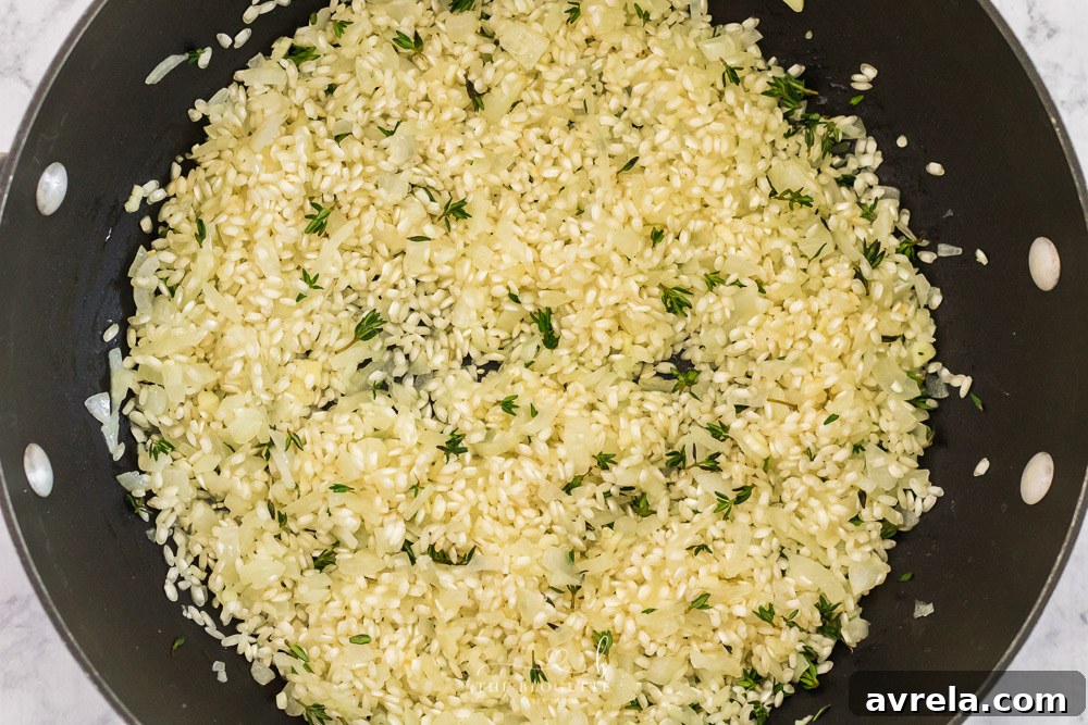 Velvet Pumpkin Risotto 5 A large pan with Arborio rice, onions, and garlic cooking in butter and olive oil, forming the base of the risotto.