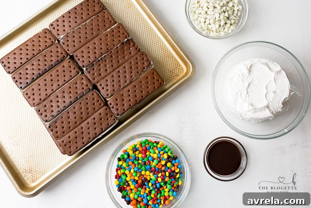 No-Bake Ice Cream Sandwich Stack 4 The simple ingredients laid out for making an ice cream cake: ice cream sandwiches, cool whip, chocolate syrup, and M&Ms