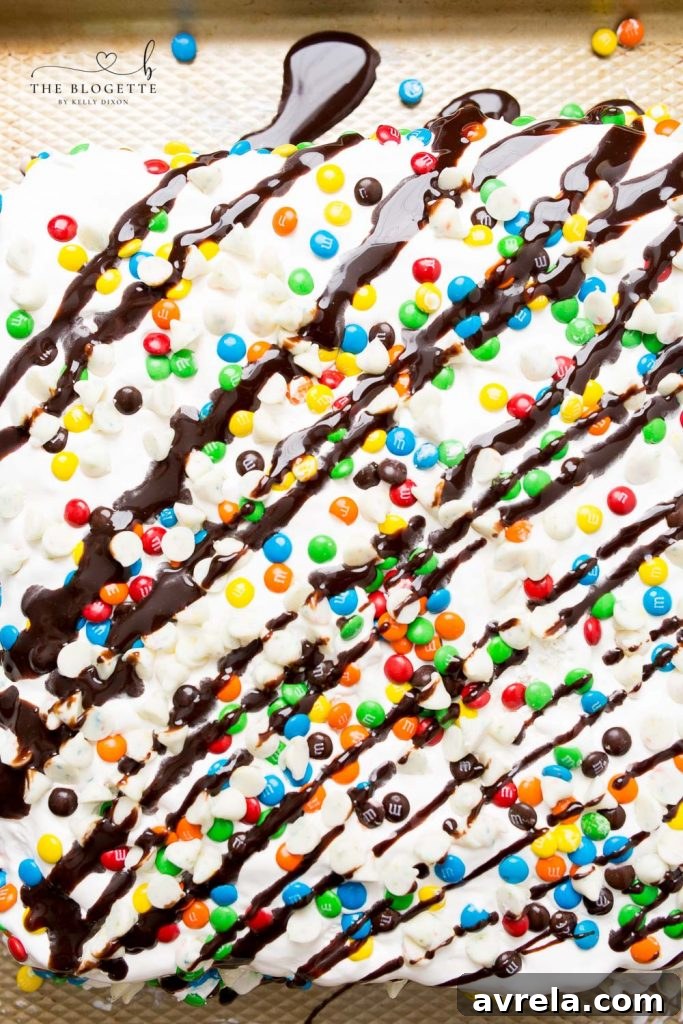 No-Bake Ice Cream Sandwich Stack 6 Finished Ice Cream Cake with M&Ms, vanilla confetti chips, and chocolate drizzle, ready to be served