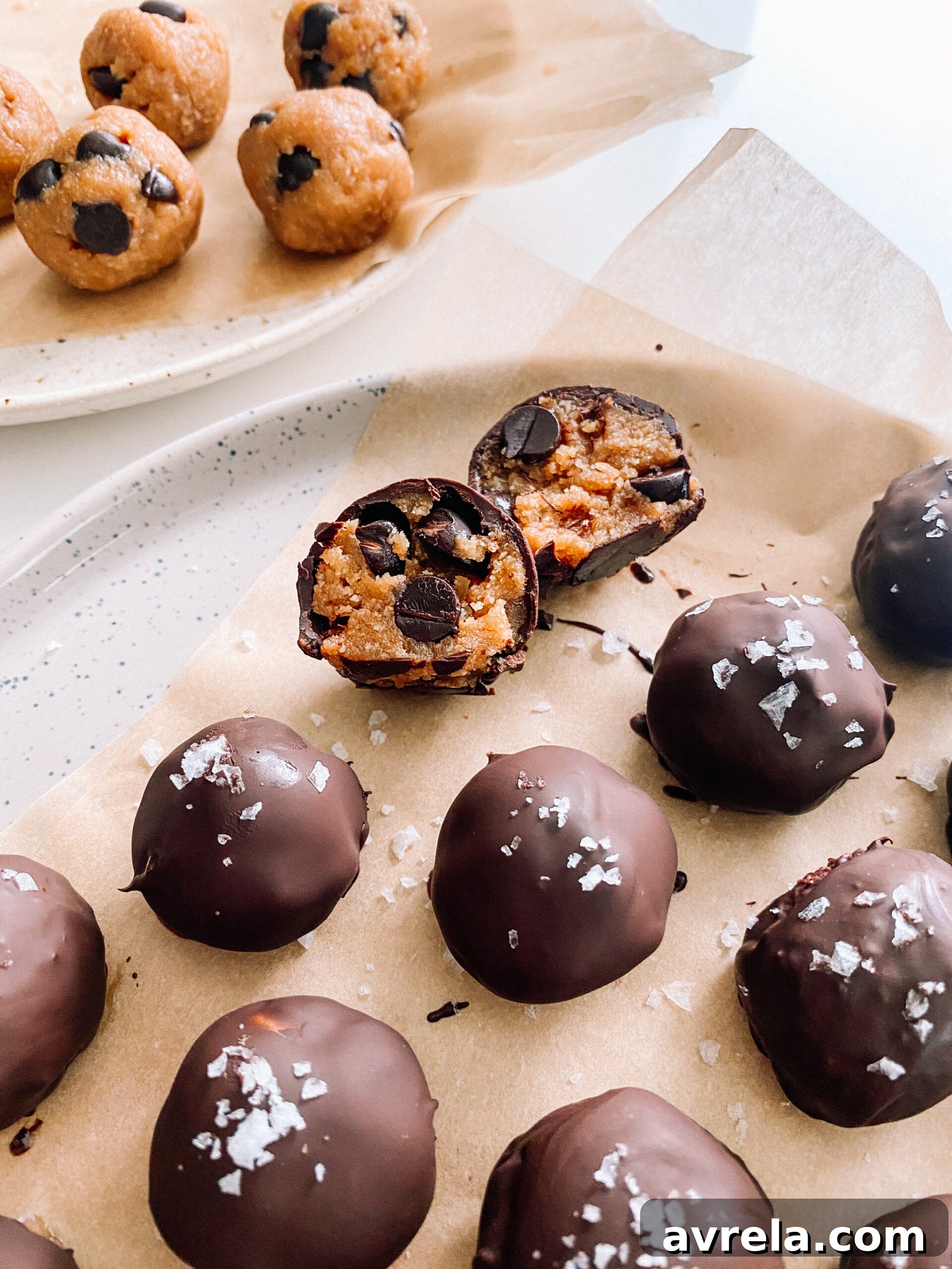 Close-up of chocolate covered cookie dough bites with sea salt