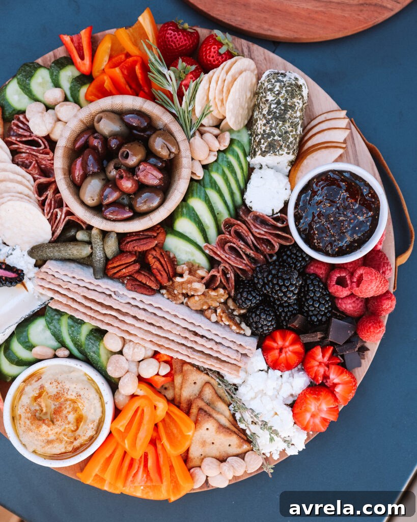 Crafting the Ultimate Charcuterie Board 11 A completed charcuterie board, beautifully arranged with all ingredients and garnishes.