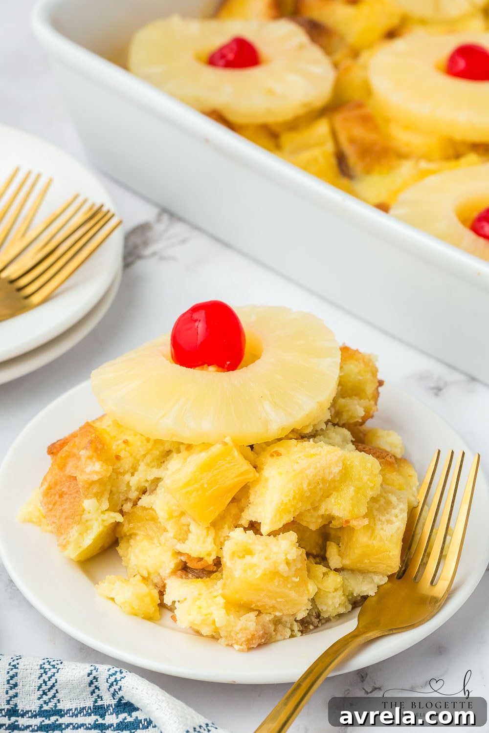 The full pineapple casserole recipe displayed in a styled kitchen setting.