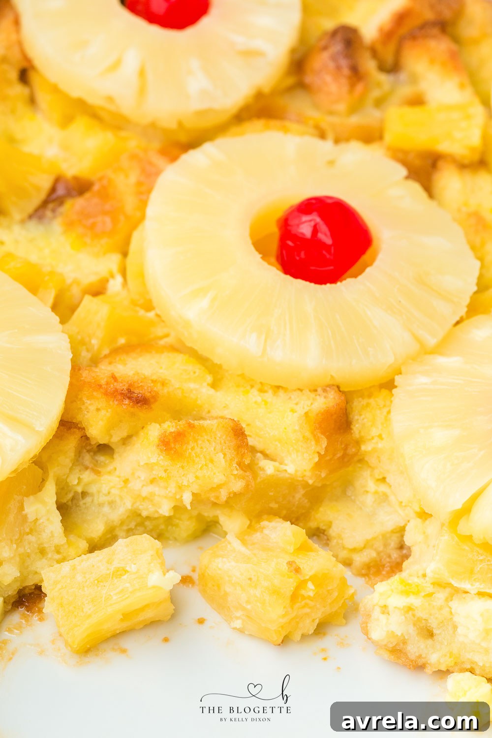Close-up view of the baked Pineapple Casserole, showcasing its golden crust and pineapple topping.
