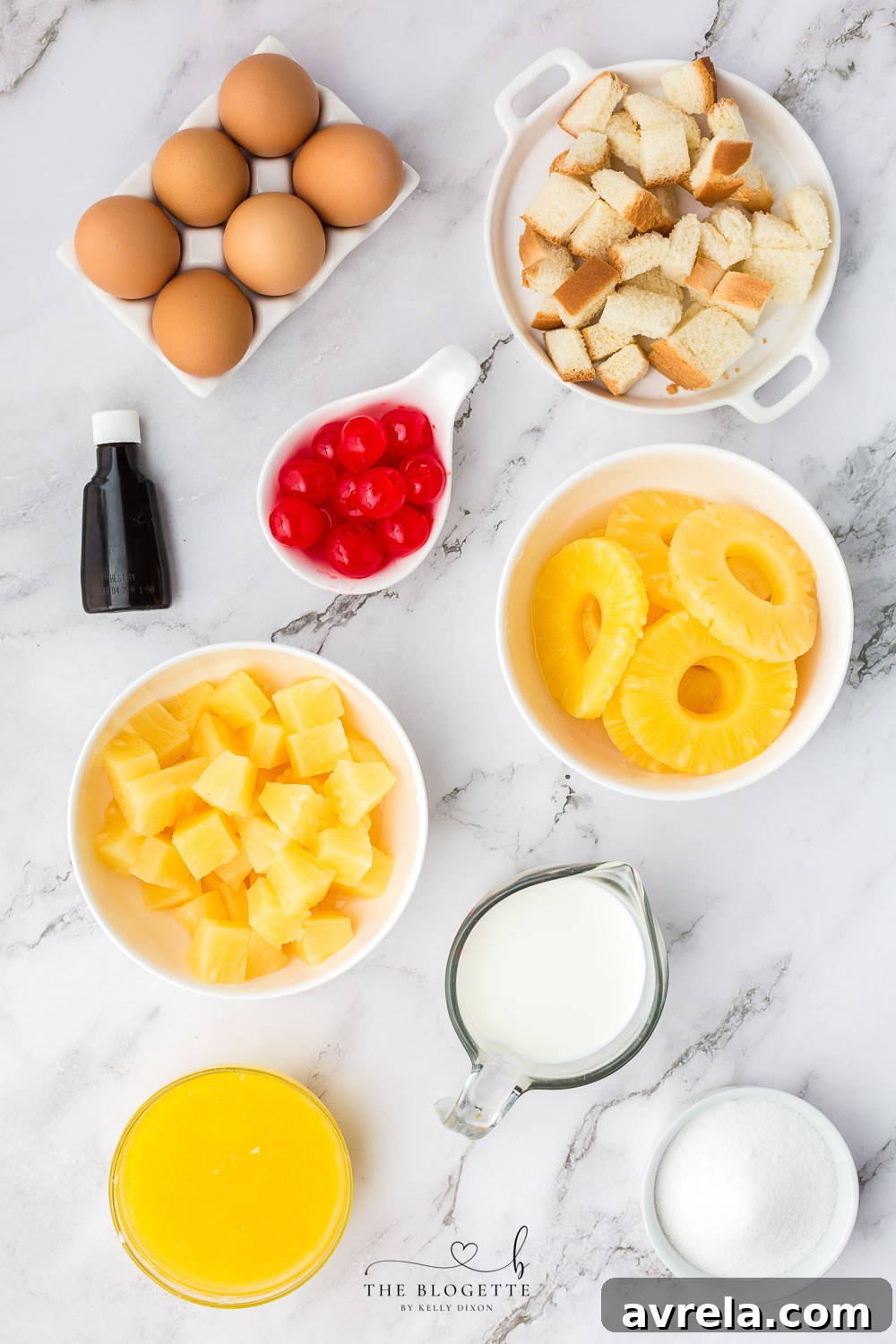 All the fresh ingredients laid out before cooking the pineapple casserole.