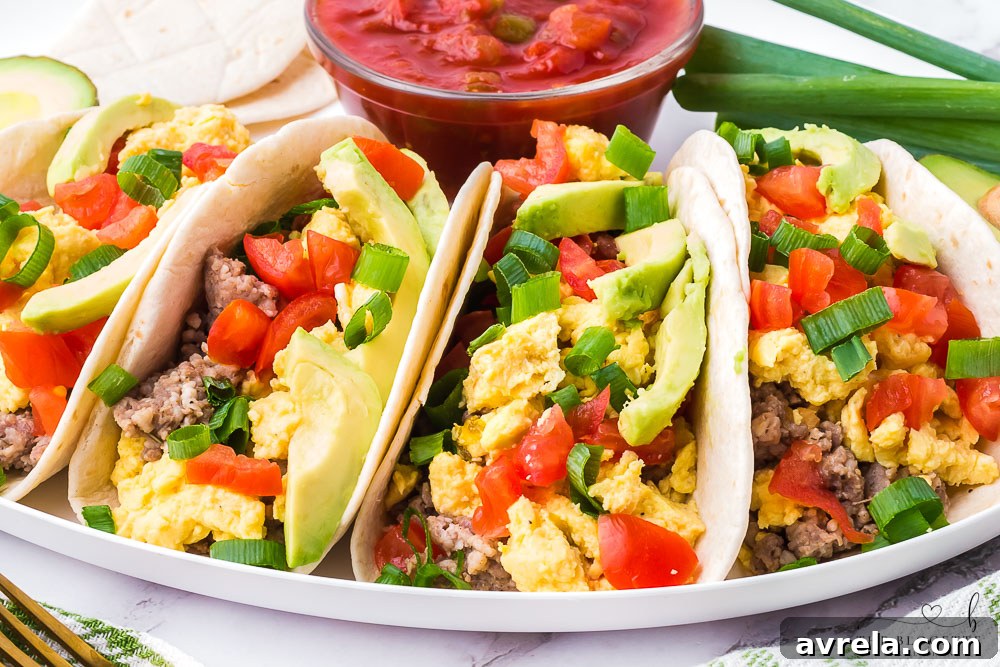 Morning Fiesta Tacos 3 Freshly assembled breakfast tacos with vibrant toppings ready to be enjoyed.