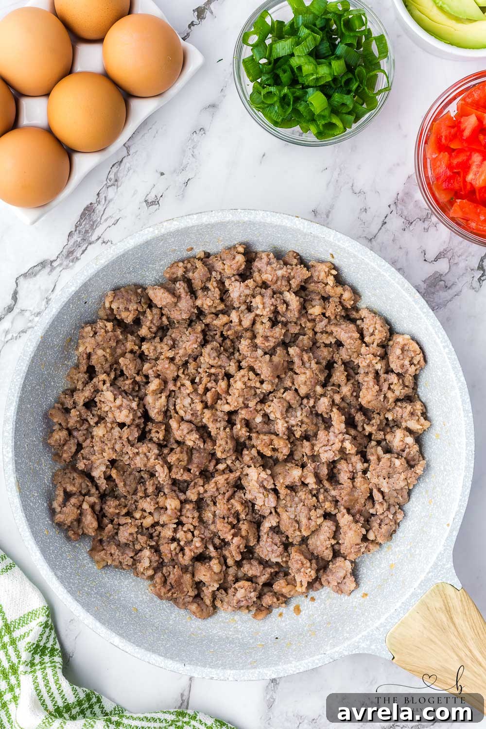 Morning Fiesta Tacos 6 Cooked breakfast sausage ready to be added to the tacos.