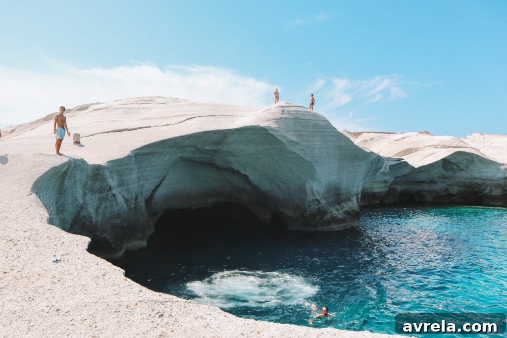 Sarakiniko Beach in Milos, with its unique white volcanic rock formations.