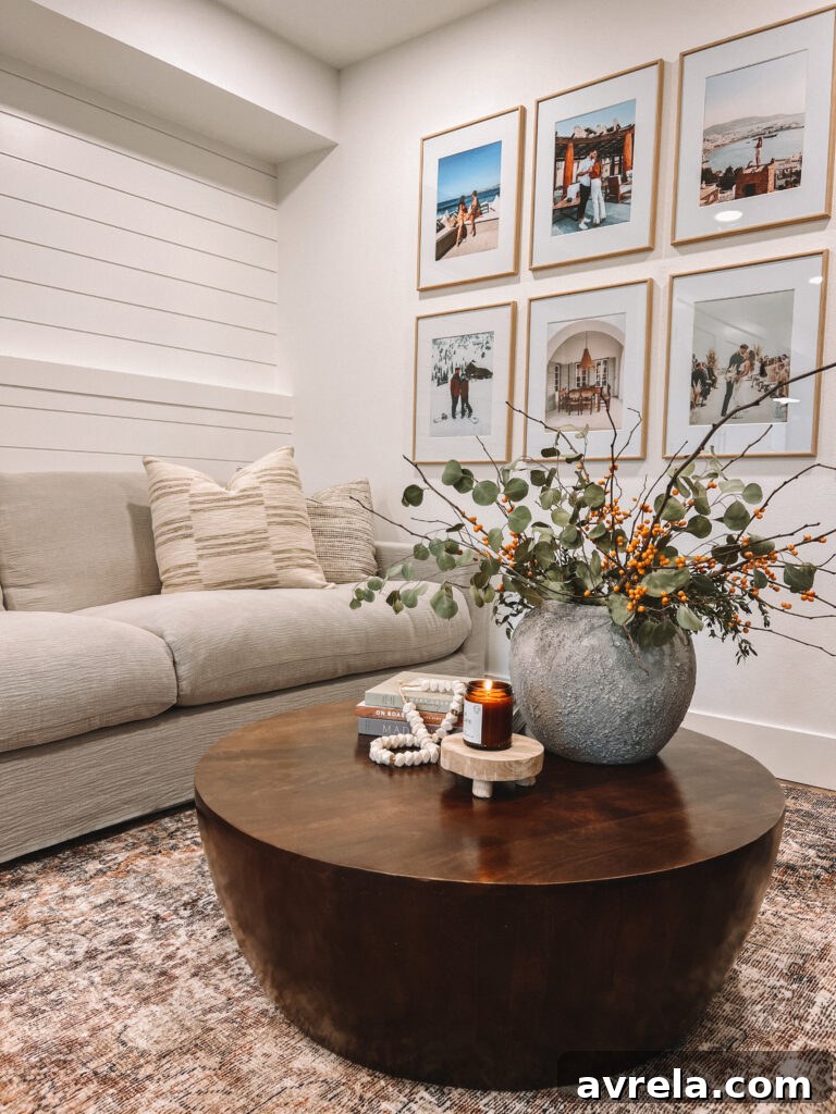 Cozy Downstairs Living: Our Finished Retreat 5 Sixpenny Devyn Sofa in Blanched Almond