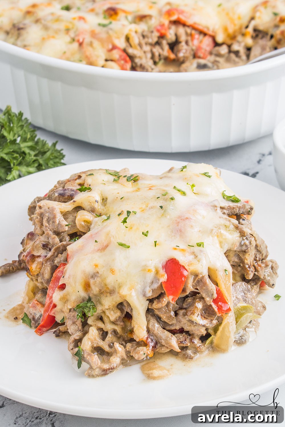 Philly Cheesesteak Comfort Bake 11 Another beautiful shot of the Easy Philly Cheesesteak Casserole, highlighting its rich, cheesy goodness and comforting appeal as a perfect family meal.