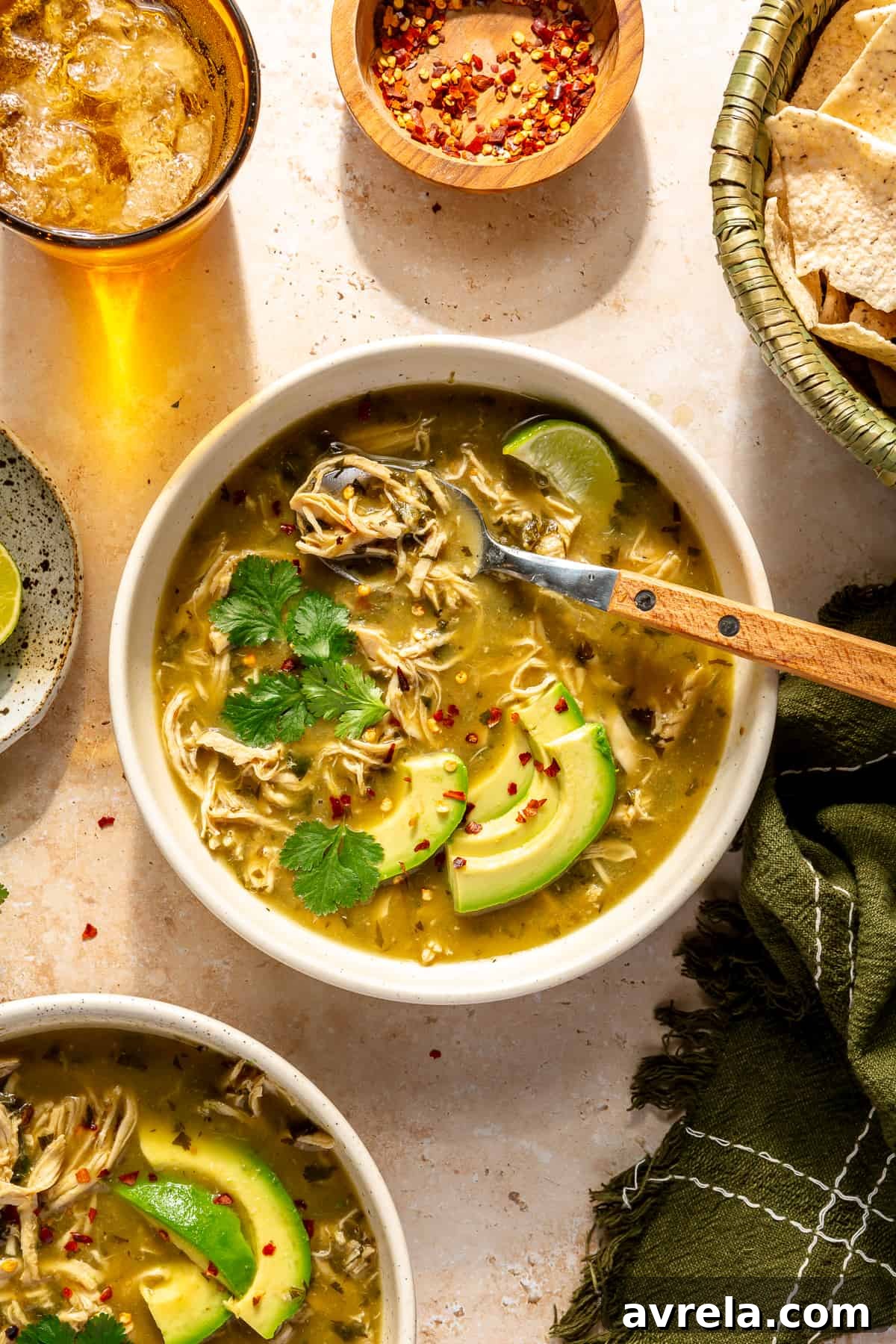 Shredded Chicken Verde Bone Broth Soup in a bowl, ready to serve.