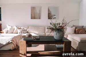 The full view of the updated family room, showcasing the sectional and decorative elements