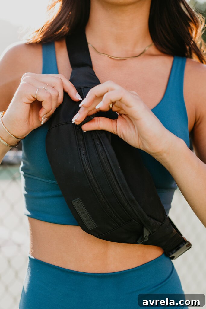 Detailed shot of the multi-pocket Recreation Sweat Crossbody Bag with adjustable strap