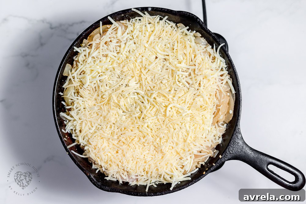 Shredded cheese on top of chicken and onions