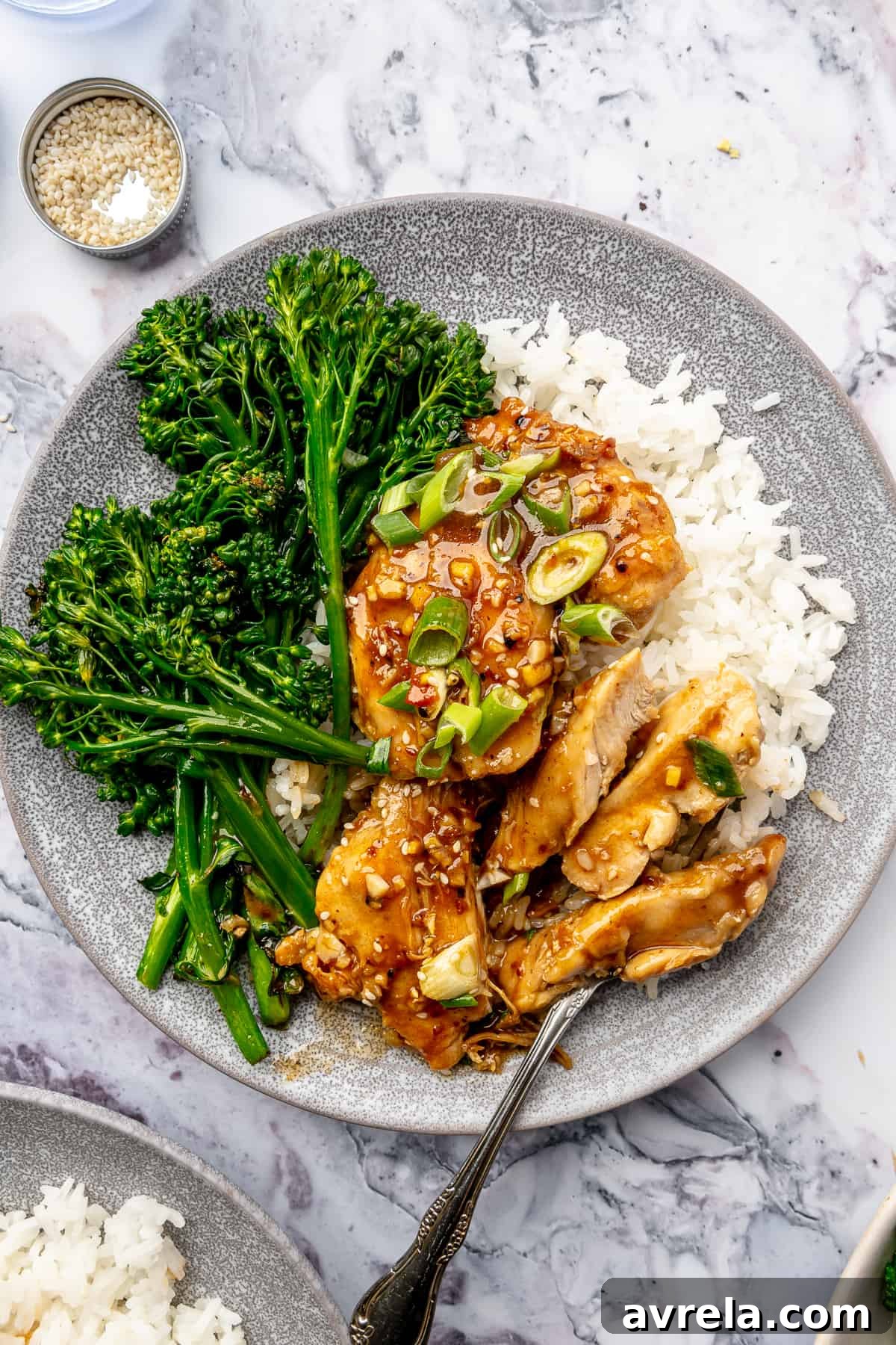 A dish of Teriyaki Chicken Thighs, perfectly glazed and ready to eat.