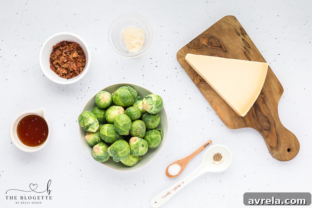 Ingredients laid out for making Honey Bacon Brussels Sprouts: fresh sprouts, bacon, honey, salt, and pepper.
