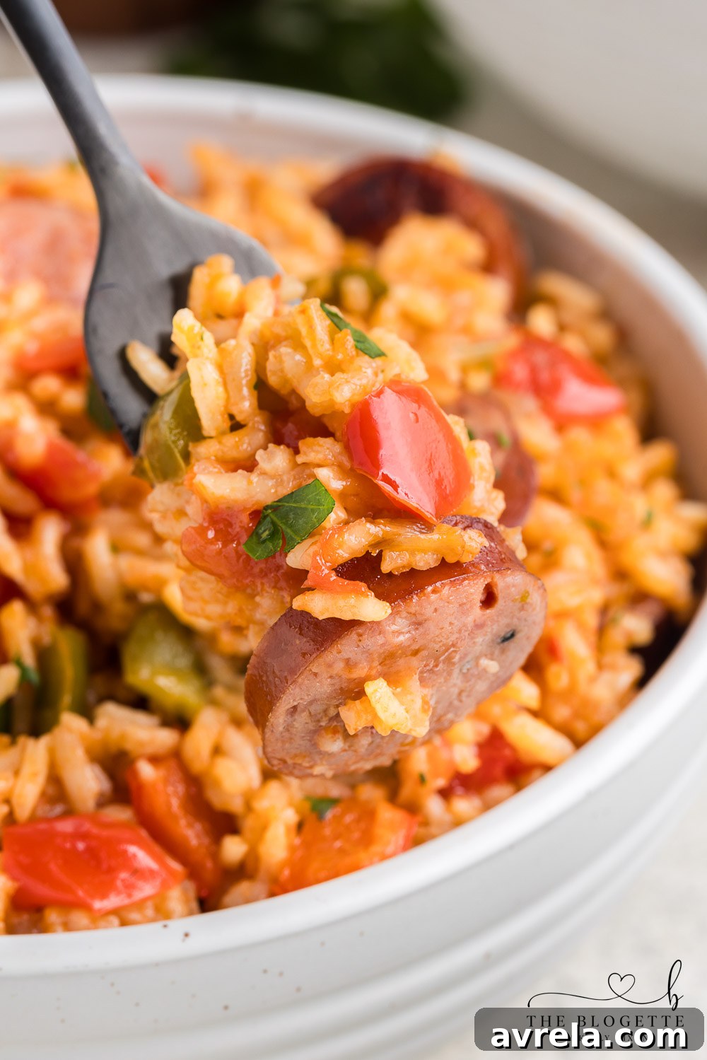 Close-up of the delicious Sausage, Rice, and Pepper Skillet in a pan, ready to serve.