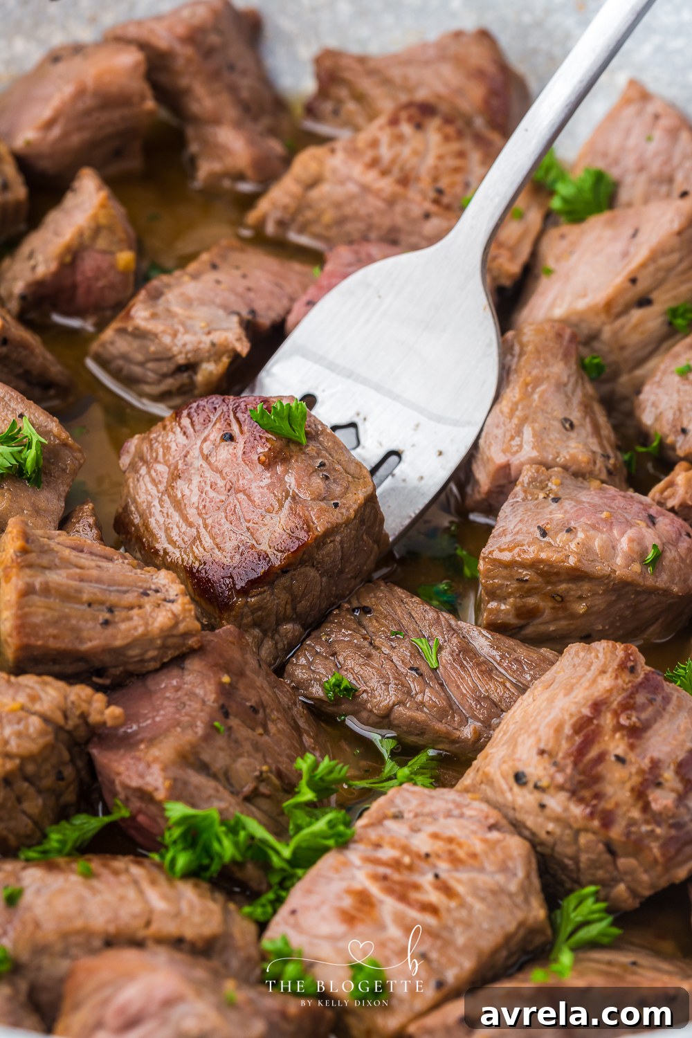 The BEST Garlic Butter Steak Bites, close up