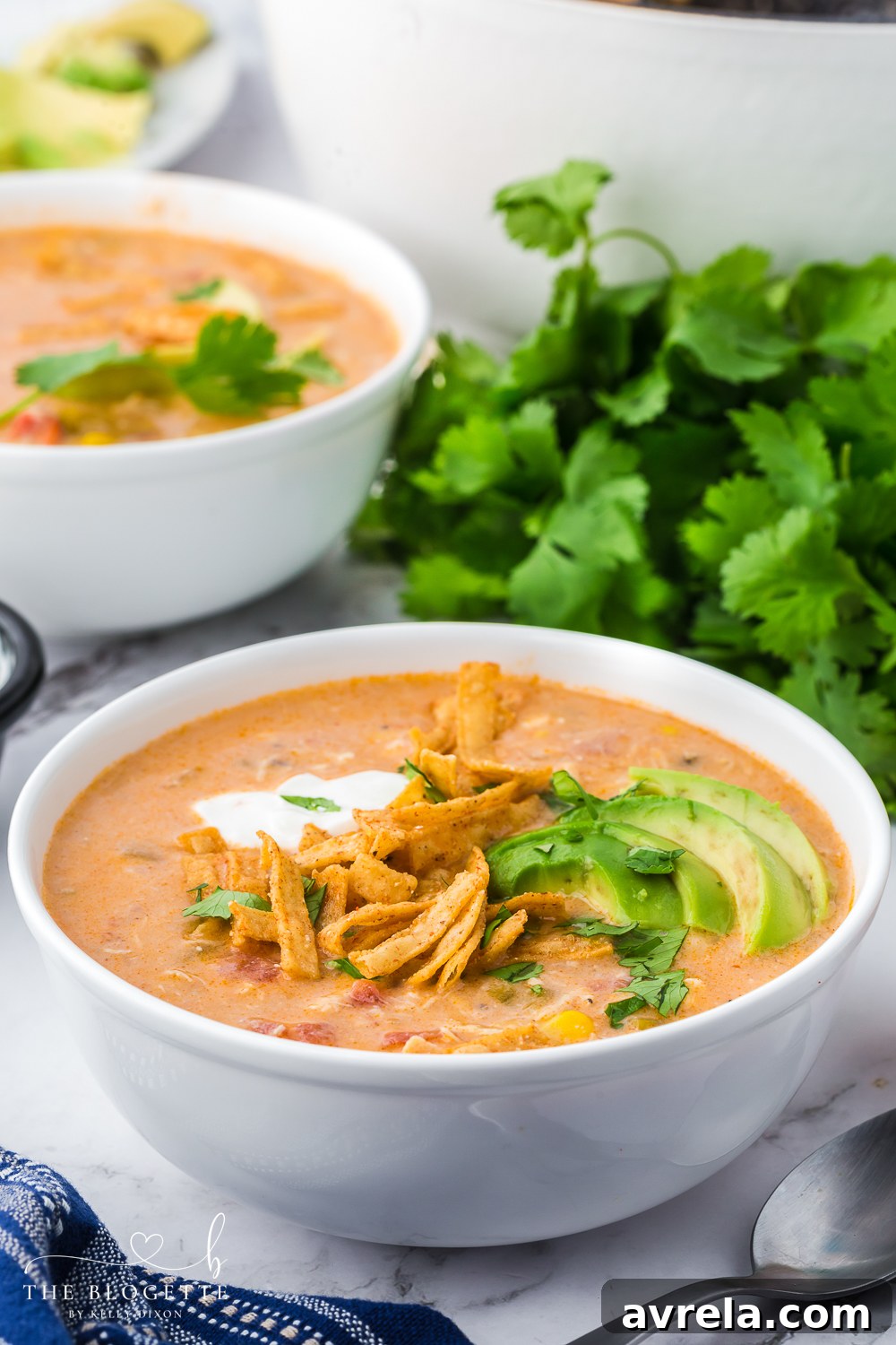 Close-up of creamy Chicken Enchilada Soup with visible colorful toppings, perfect for a quick and satisfying meal.