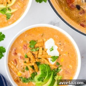 This Chicken Enchilada Soup is thick, creamy, cheesy, and ready to go in just 20 minutes! It can be made on the stovetop or crock-pot. EASY!