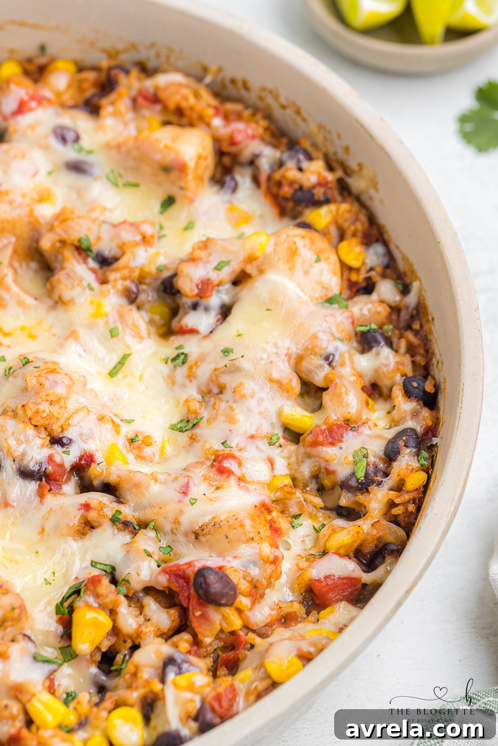 One-Pan Tex Mex Chicken and Rice featuring tender chicken, flavorful rice, colorful vegetables, and melted cheese, ready to serve.