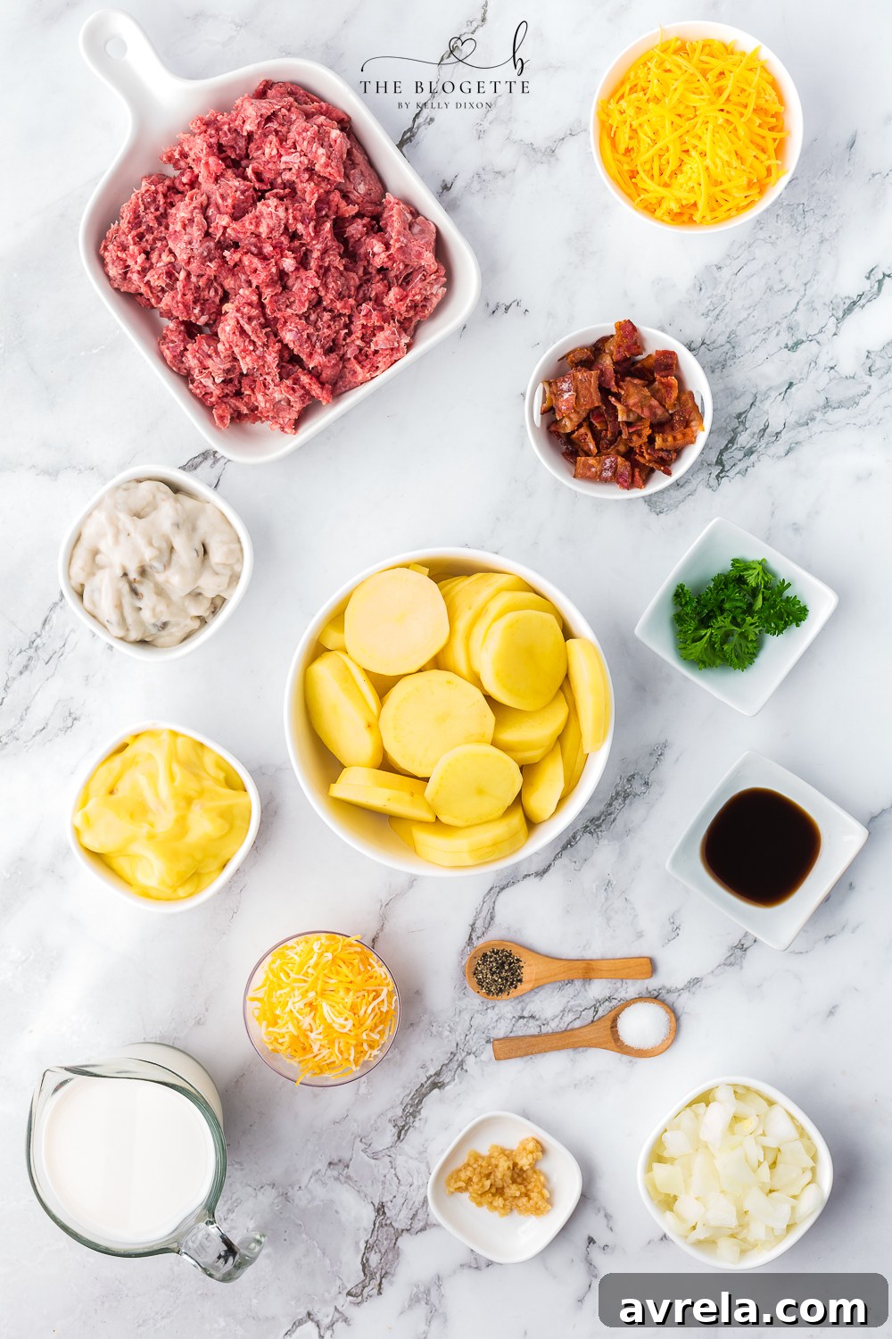 Hearty Beef and Potato Bake 4 A curated display of all raw ingredients, meticulously arranged, ready for preparing the Hamburger and Potato Casserole.