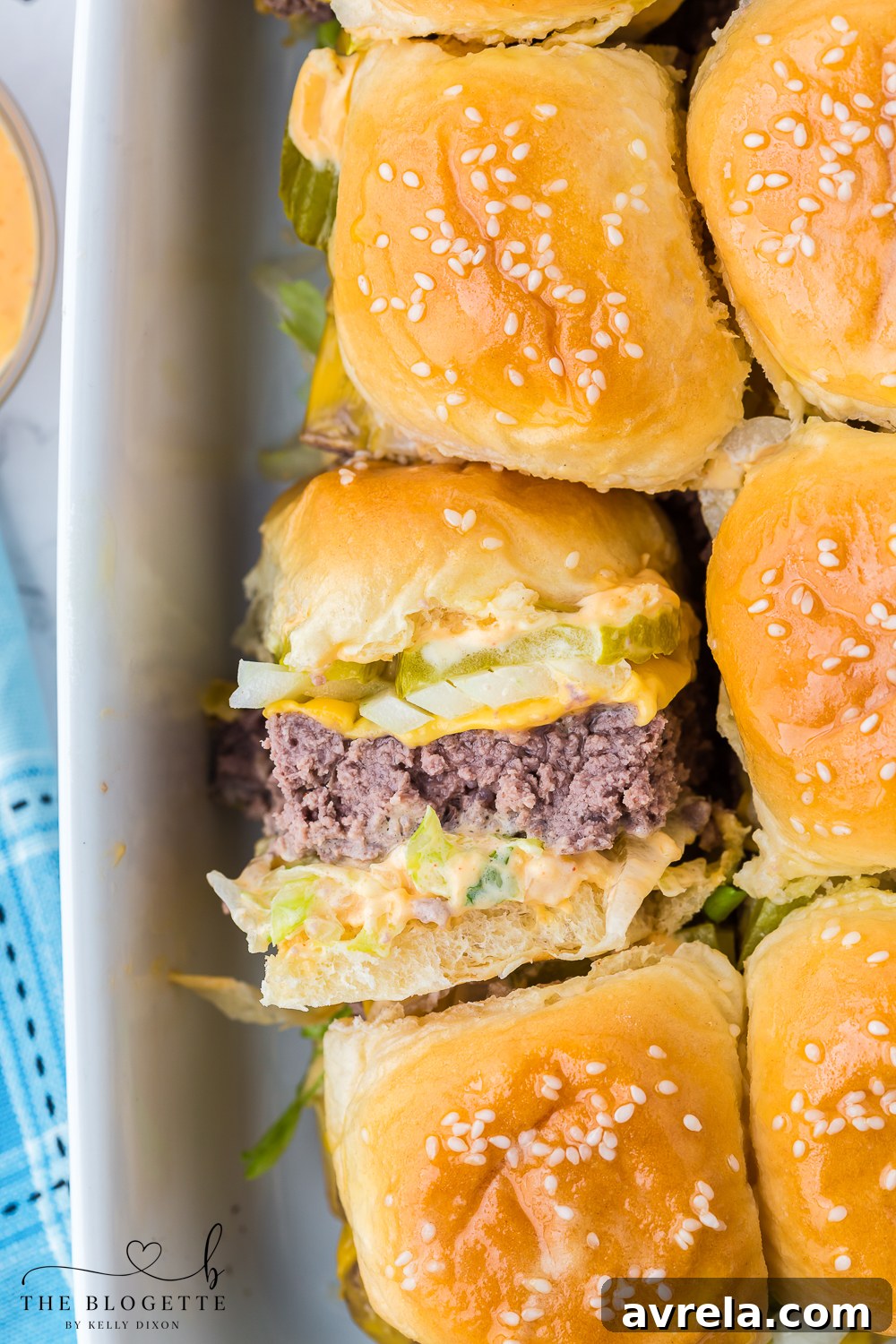 Mini Big Mac Bites 3 Close-up view of freshly made Big Mac Sliders, showing the layers of ingredients.