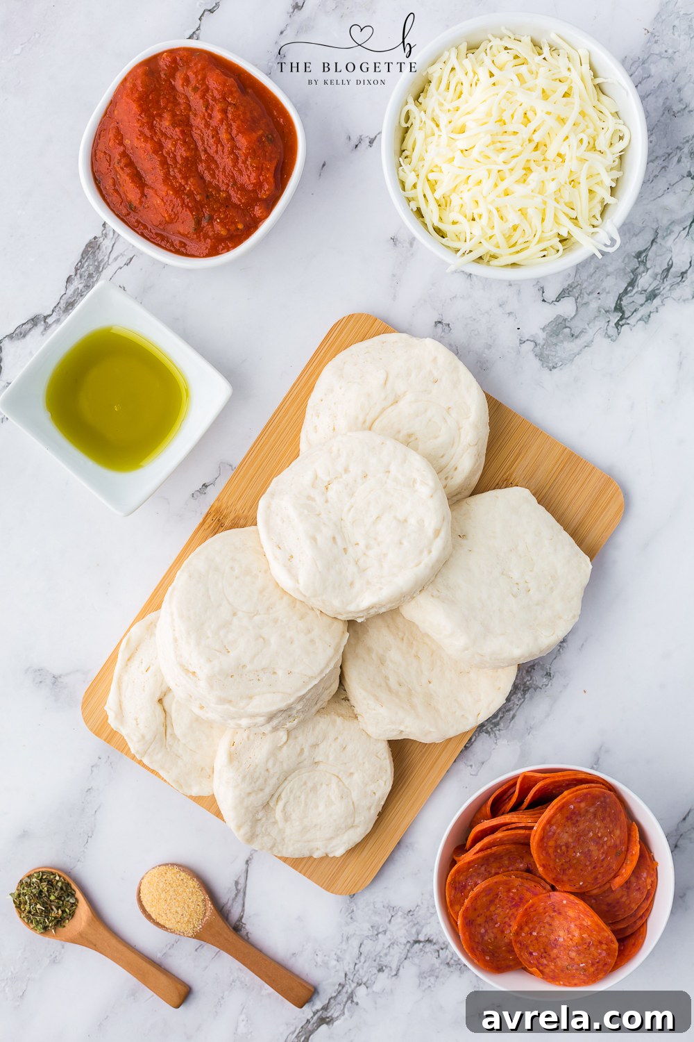 Cheesy Pizza Pull-Apart Bread 4 All the ingredients for Pull-Apart Pizza Bread laid out before mixing.