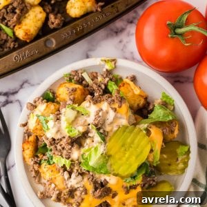 Cheeseburger Totchos are like the Big Mac version of nachos! Everything you love about a hamburger, but served on a plate like nachos – YUMMY!