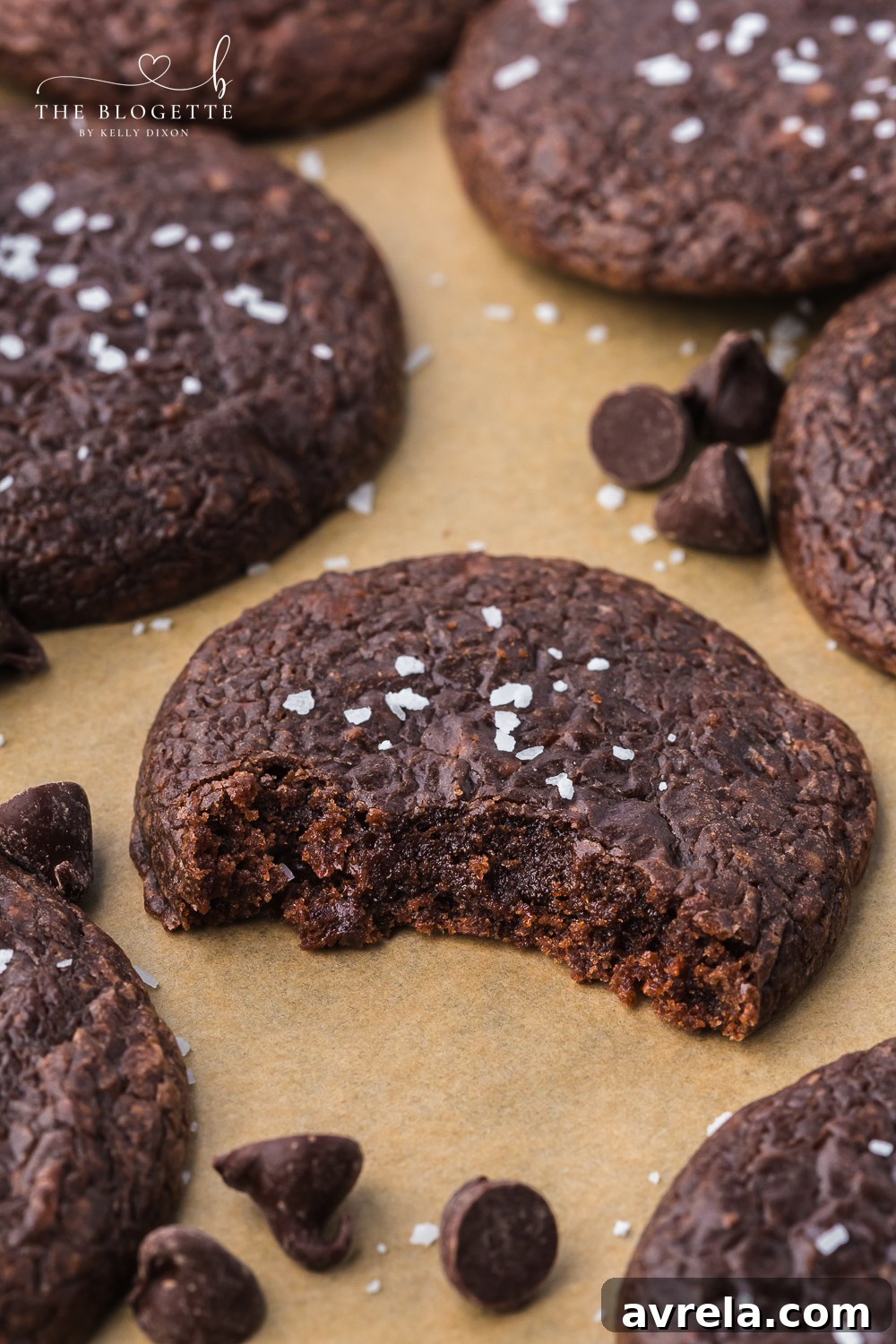 A close-up view of chocolate brownie cookies showcasing their rich texture and perfect crackle.