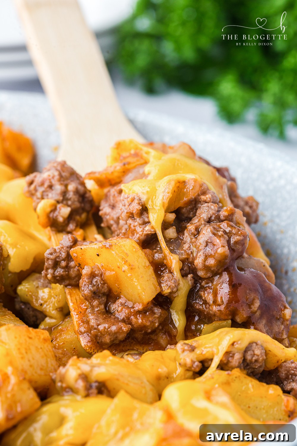 Skillet Sloppy Joes 2 A delicious Sloppy Joe Skillet with ground beef, tomato sauce, and seasoned potatoes, ready to be served from a single pan.