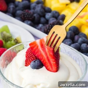 The best 3-ingredient cream cheese fruit dip recipe for fresh fruit platter.