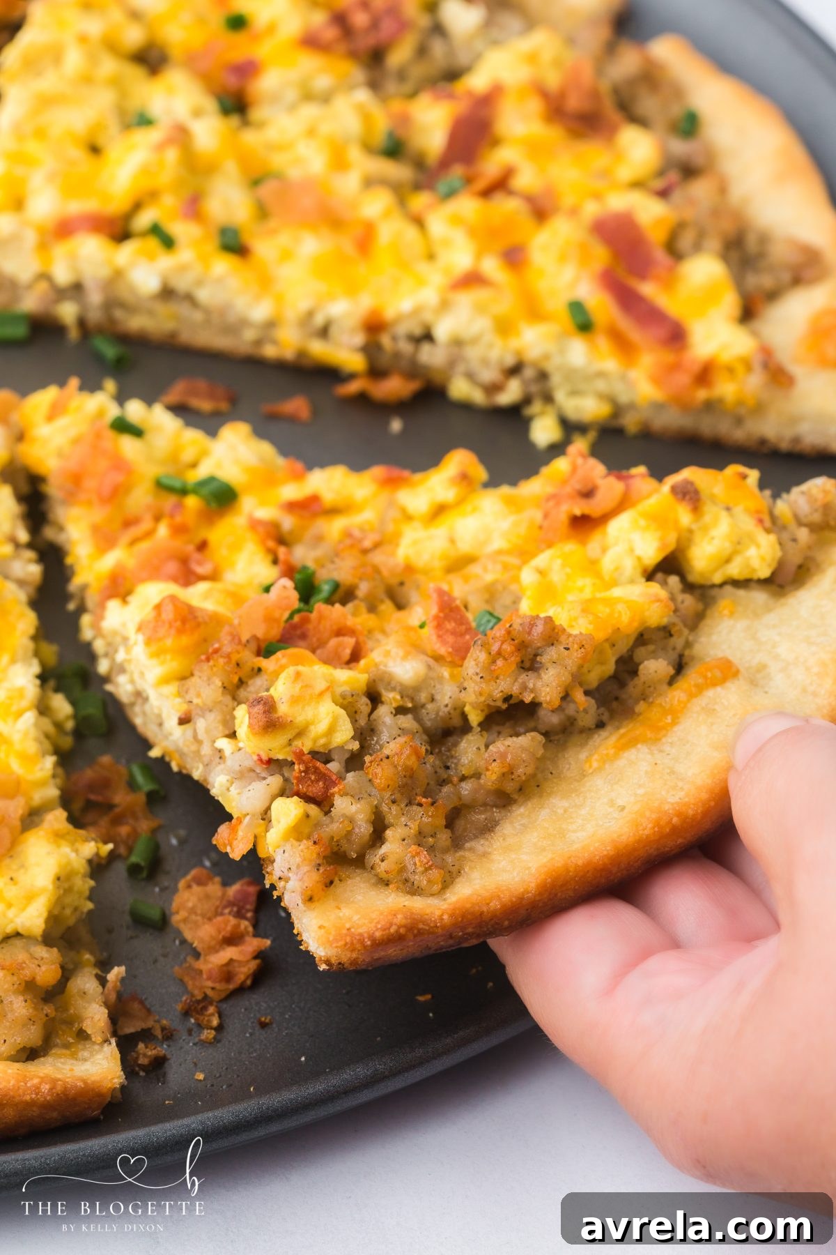 Rise and Shine Pizza 14 A vibrant, fresh breakfast pizza with a rustic background, highlighting the golden crust and colorful toppings, ready to serve a crowd.