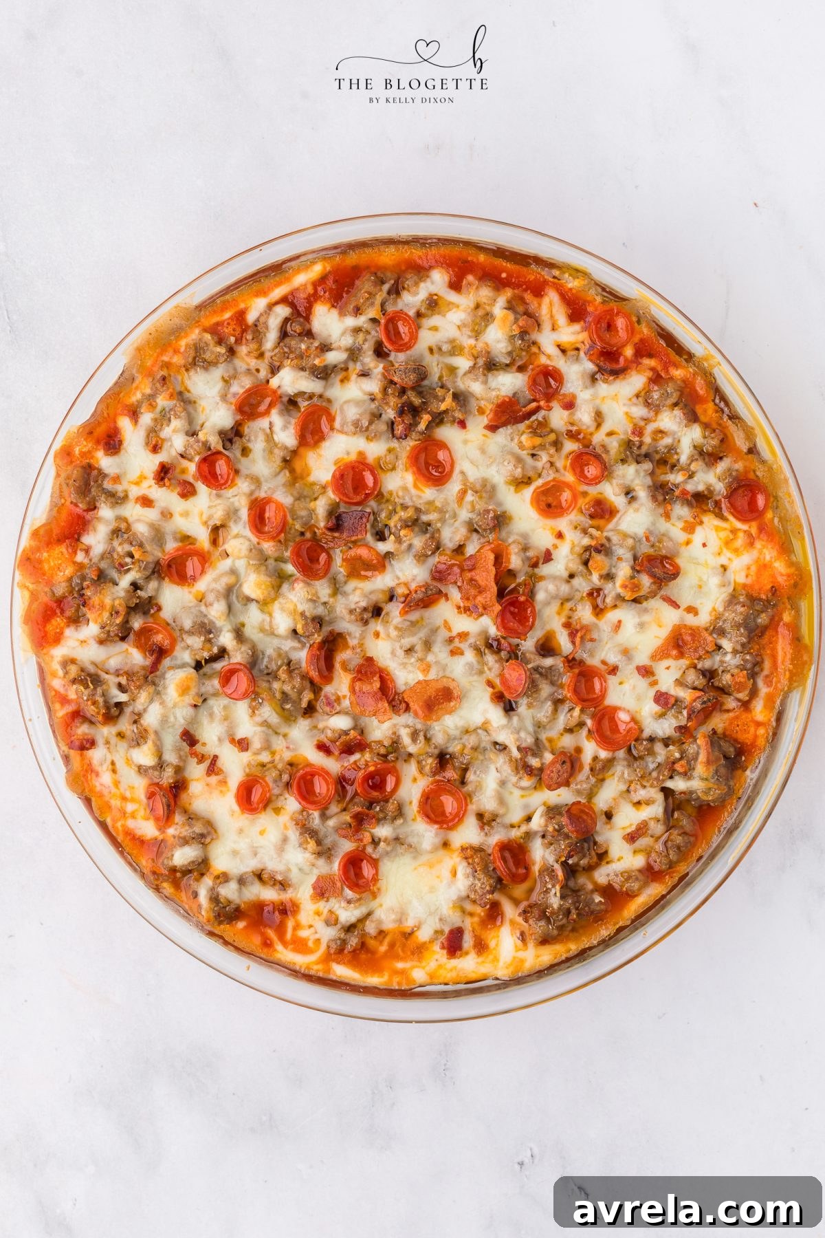 Baked pizza dip, hot and bubbly from the oven
