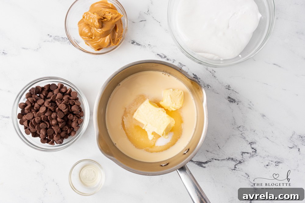 A selection of fresh ingredients laid out on a kitchen counter for making chocolate peanut butter fudge